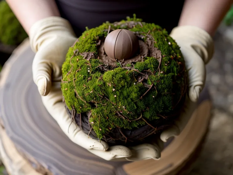 Manos trabajando arcilla oscura y musgo para compactar una kokedama artesanal