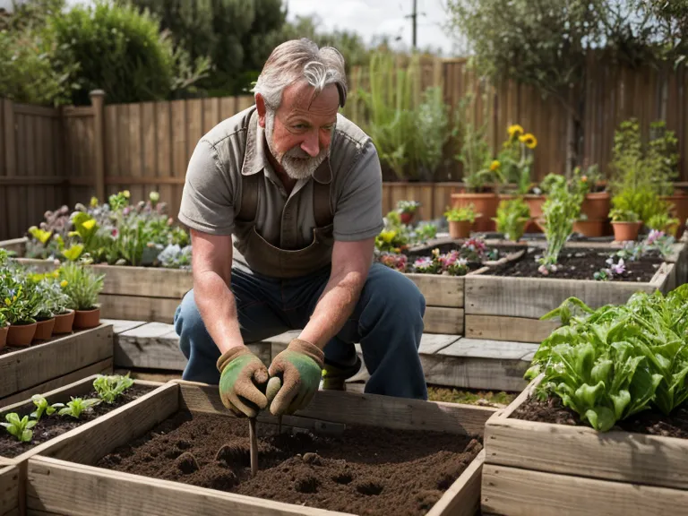 Manos de jardinera revisando el sustrato en una cama de cultivo de madera