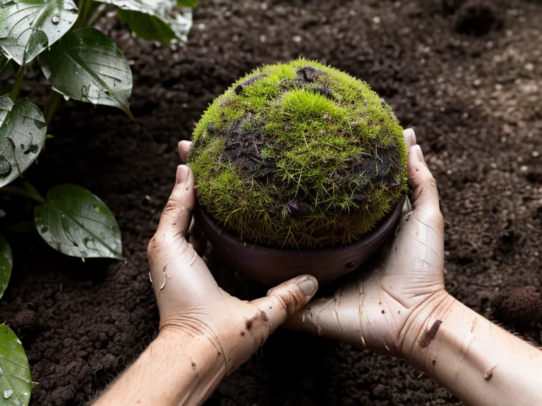 Manos manchadas de tierra sosteniendo una kokedama fresca en una mesa de madera.