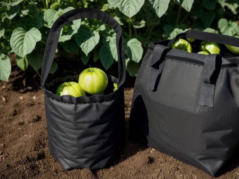 Detalle de maceta de tela negra con planta de tomate joven en azotea