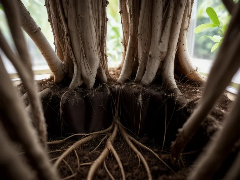 Primer plano de raíces de planta experimentando poda aérea en maceta de tela