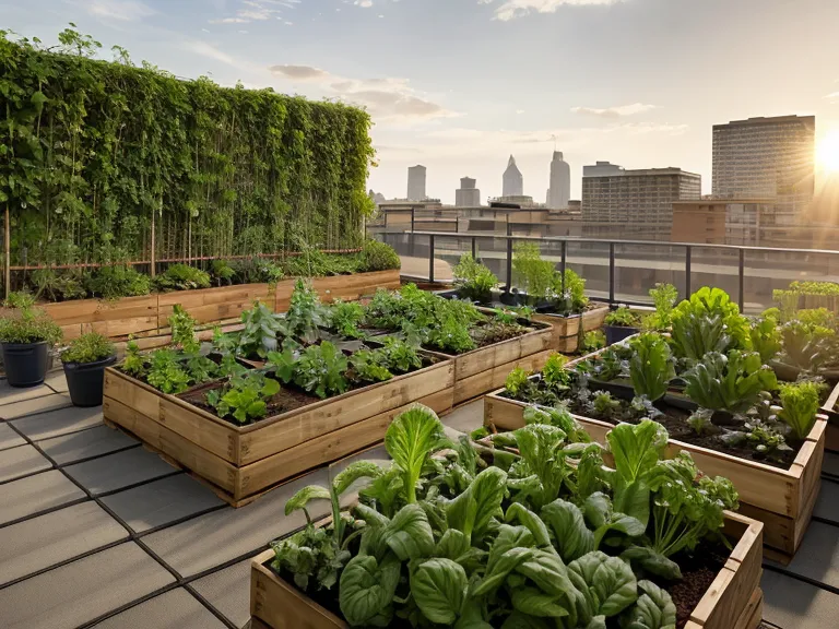 Pala de jardinería sobre una tarima de madera con sustrato húmedo en una azotea urbana