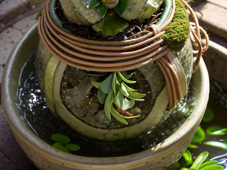 Kokedama sumergida en una bandeja de inmersión mientras el musgo absorbe agua antes de escurrir