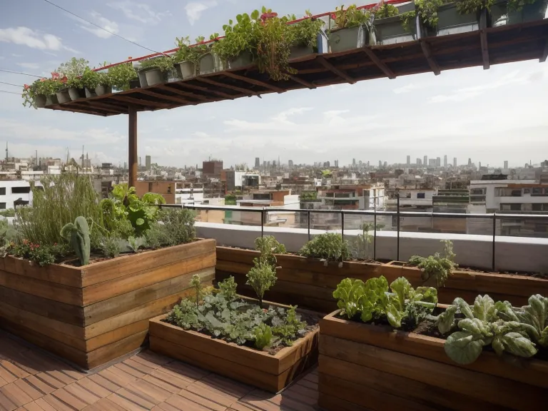 Herramientas de huerto urbano sobre mesa de madera junto a un delantal de jardinería con bolsillos