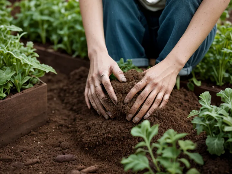 Primer plano de una mano revisando el sustrato seco de una planta de arúgula en maceta.