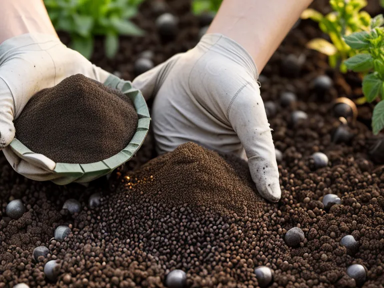 Aplicación de fertilizante orgánico granulado en la base de una planta en la azotea.