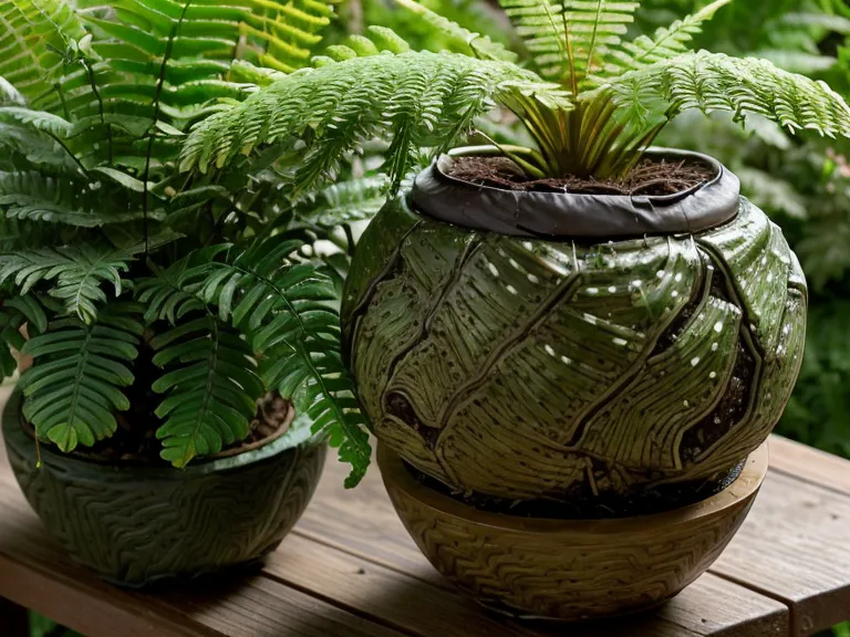 Kokedama de helecho terminada sobre una mesa de madera en un taller de jardinería.