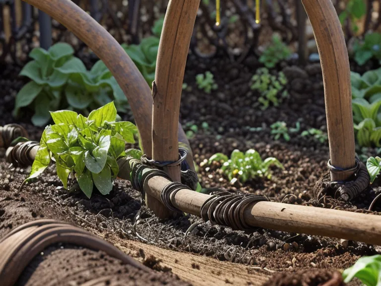 Manguera de riego por goteo automatizado sobre bancal de cultivo orgánico