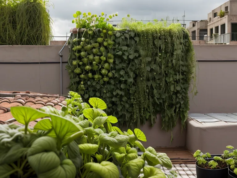 Sacos de cultivo verticales colgando de un barandal de azotea con hierbas aromáticas