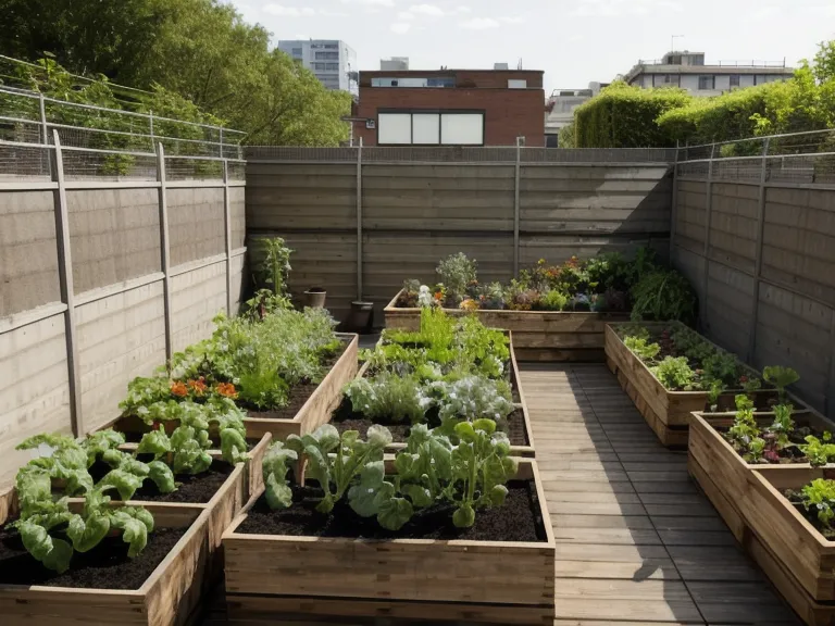 Cama de cultivo elevada con malla negra tensada discretamente en una azotea urbana