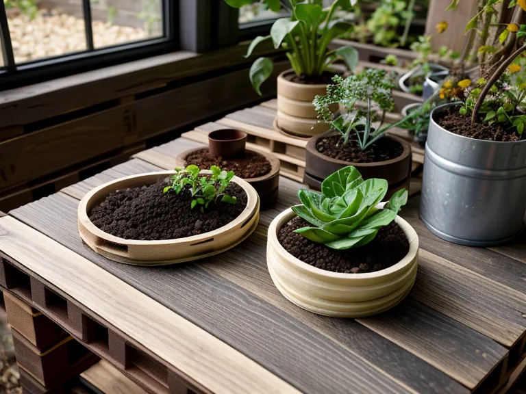 Primer plano de diferentes texturas de sustrato para kokedamas sobre una mesa de madera.