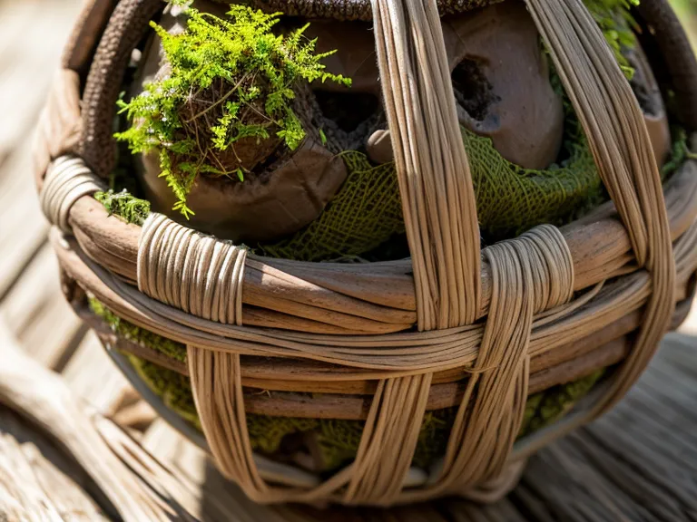Una kokedama partida que muestra un sustrato demasiado seco y arenoso en su interior.