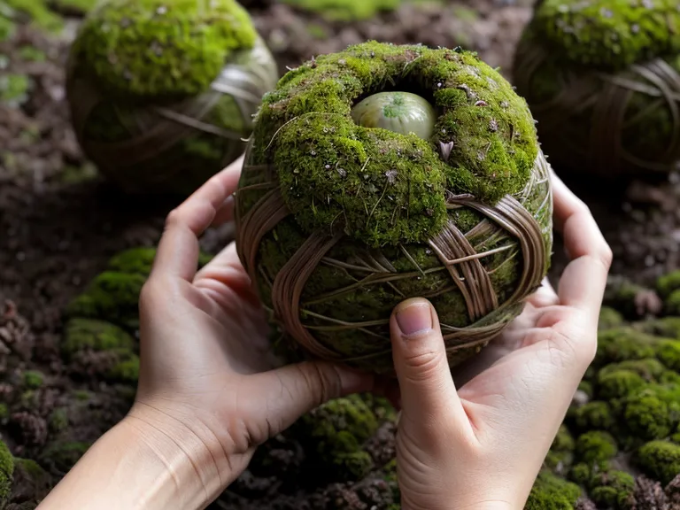 Manos con tierra sosteniendo una kokedama húmeda bajo la lona de un puesto de tianguis