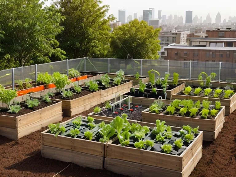 Macetas de tela para cultivo en casa dispuestas en una azotea, suministros ligeros para huertos urbanos